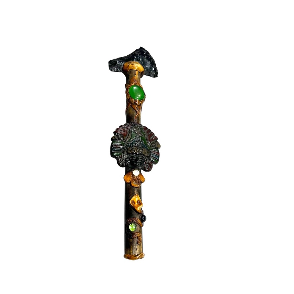 Hand Carved Aztec Warrior Obsidian Sacrifical Axe Tomahawk Rainstick Shaker 17”